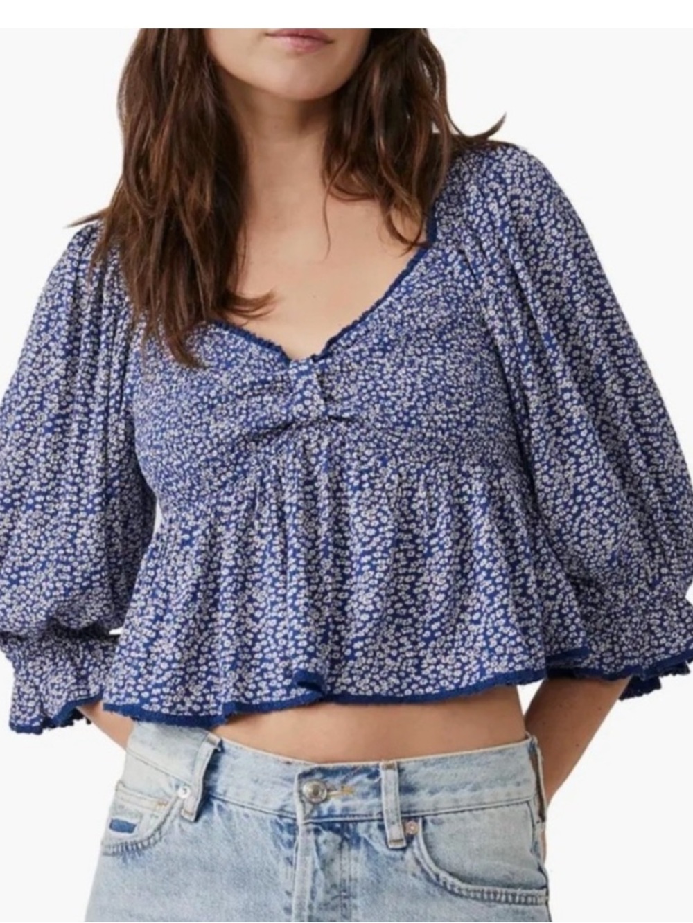 Free People Brittnee Print Smocked Back Peplum Top Babydoll Size Large
